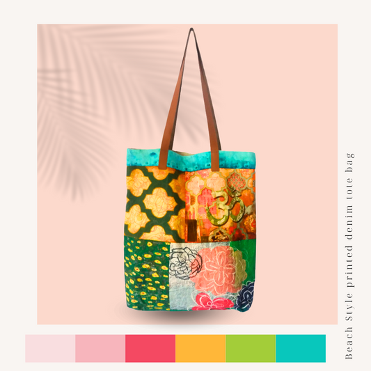 Beach Style Design Printed Denim Tote Bag.